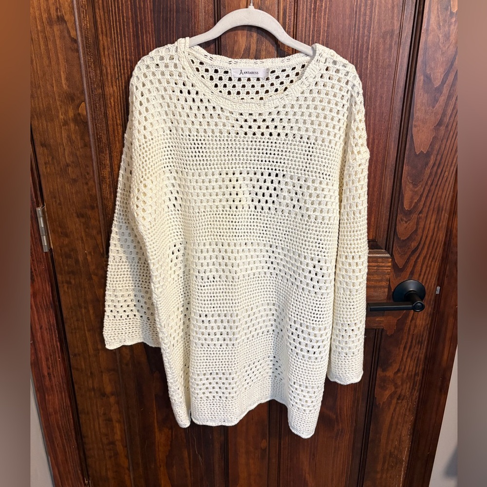 ANRABESS CROCHET SWIM COVER UP SWIMSUIT KNIT PULLOVER BEACH DRESS LARGE WHITE